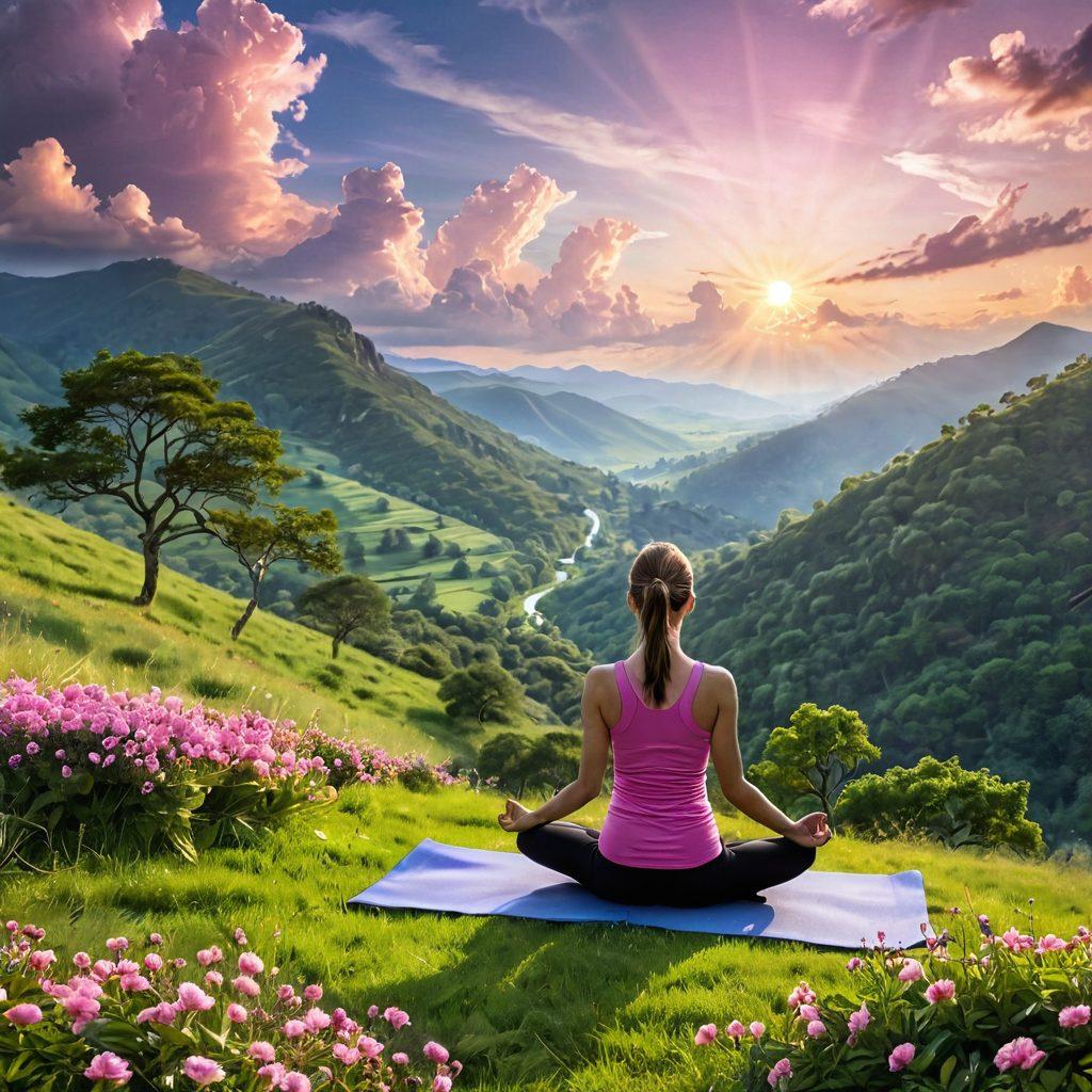 A serene landscape depicting a person practicing yoga on a hilltop, overlooking lush green valleys symbolizing health and vitality. In the background, gentle rays of sunlight break through clouds, representing hope and transformation. Elements like vibrant flowers and a soft breeze add to the sense of tranquility and renewal. Include subtle cancer awareness symbols, like a pink ribbon integrated into the nature scene. super-realistic. vibrant colors. soft focus.