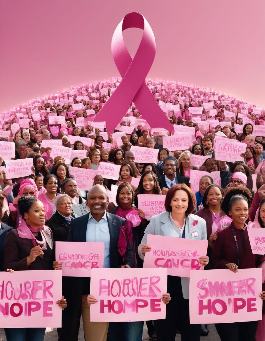 A powerful visual of a diverse group of advocates holding signs with messages of hope against a backdrop of a giant pink ribbon symbolizing cancer awareness. The scene shows them engaging with the community, with some holding informational pamphlets and others interacting with patients. Soft sunlight bathes the scene, emphasizing unity and determination. super-realistic. vibrant colors. inspirational atmosphere.
