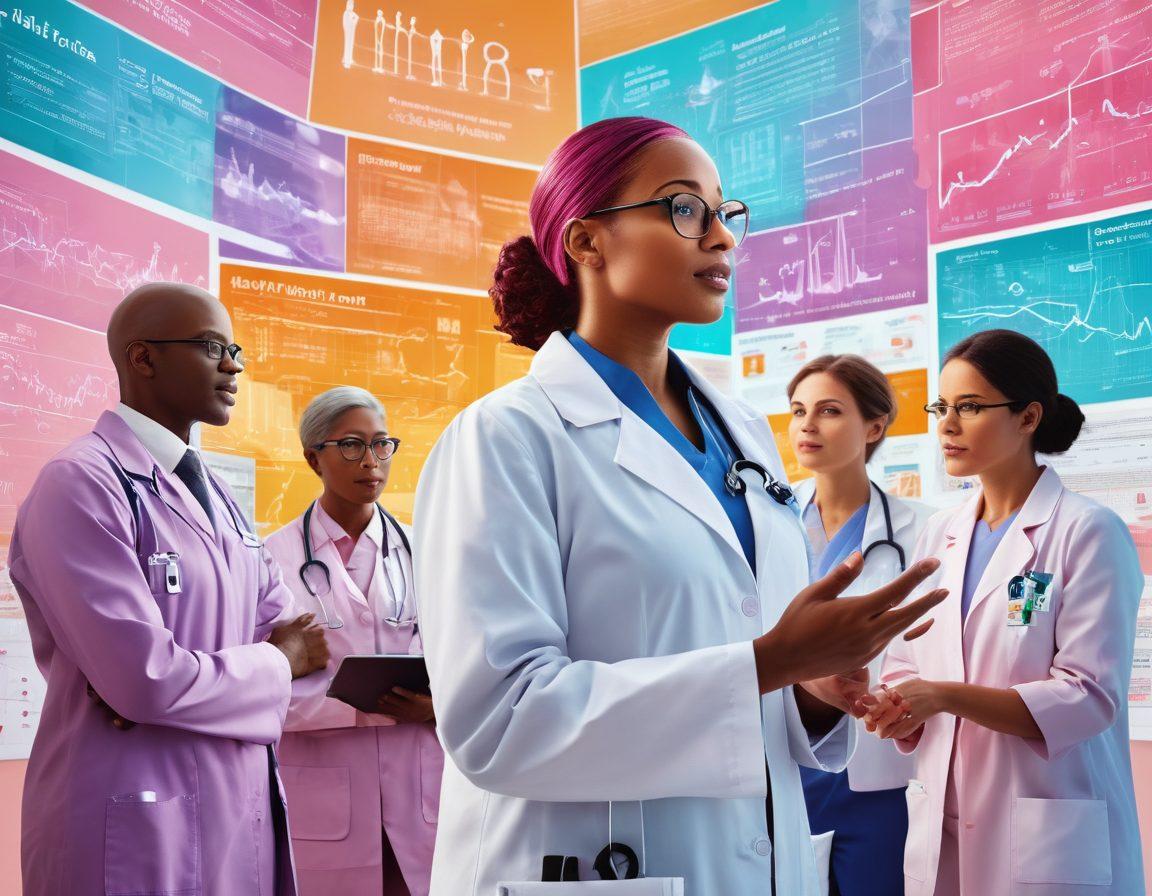 A dynamic scene illustrating a diverse group of healthcare professionals discussing oncology research, surrounded by vibrant charts and infographics showcasing the latest advancements. In the foreground, a patient advocate passionately sharing their journey, symbolizing hope and resilience. The atmosphere should evoke determination and collaboration, reflecting the fight against cancer. bright colors. digital art. 3D elements.